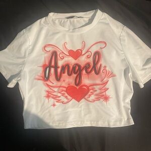 SHEIN White and Red Angel Graphic Crop Top